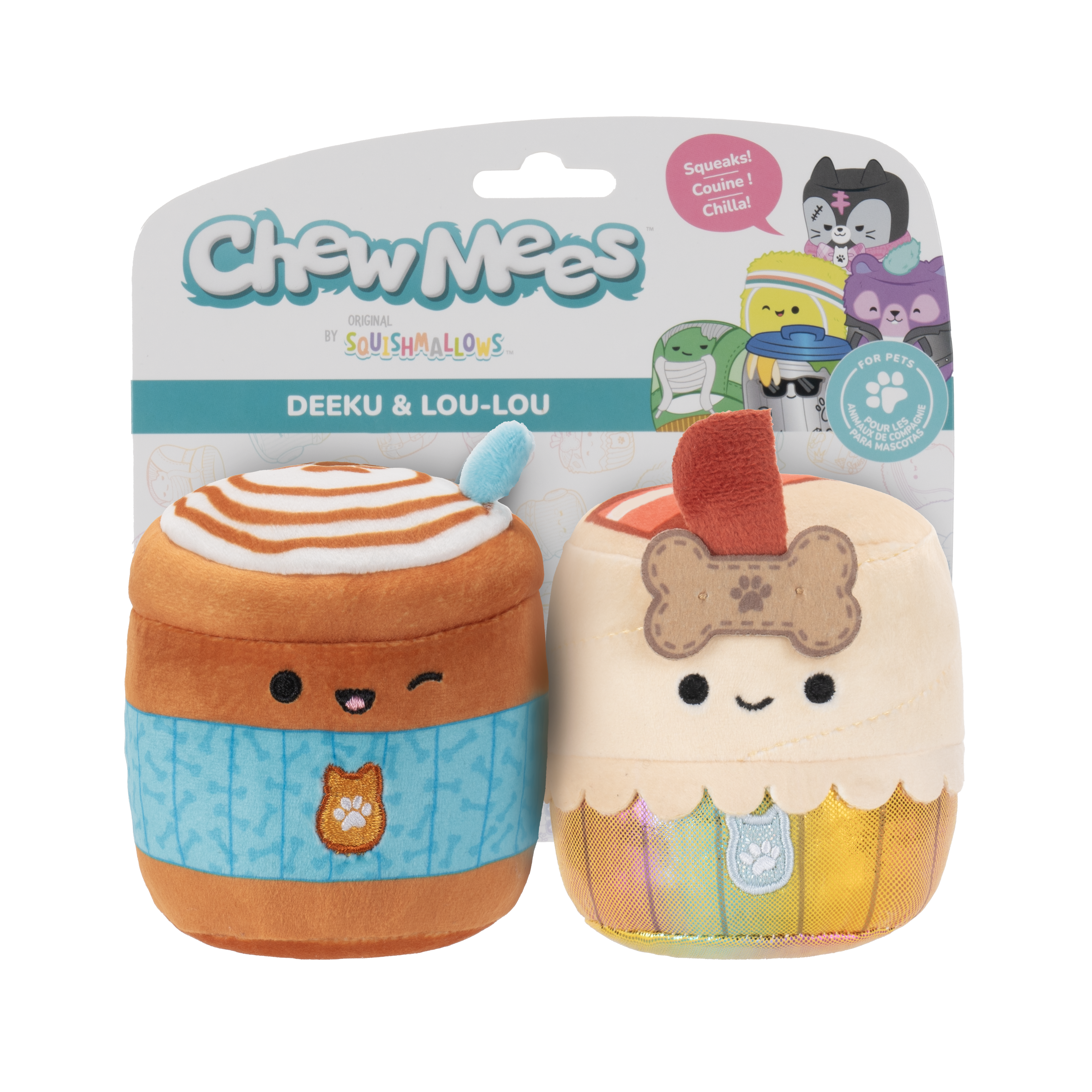 Chew Mees by Original Squishmallows 3.5-Inch Deeku Pup Latte + Lou-Lou Bacon Cupcake Pet Toy 2-Pack