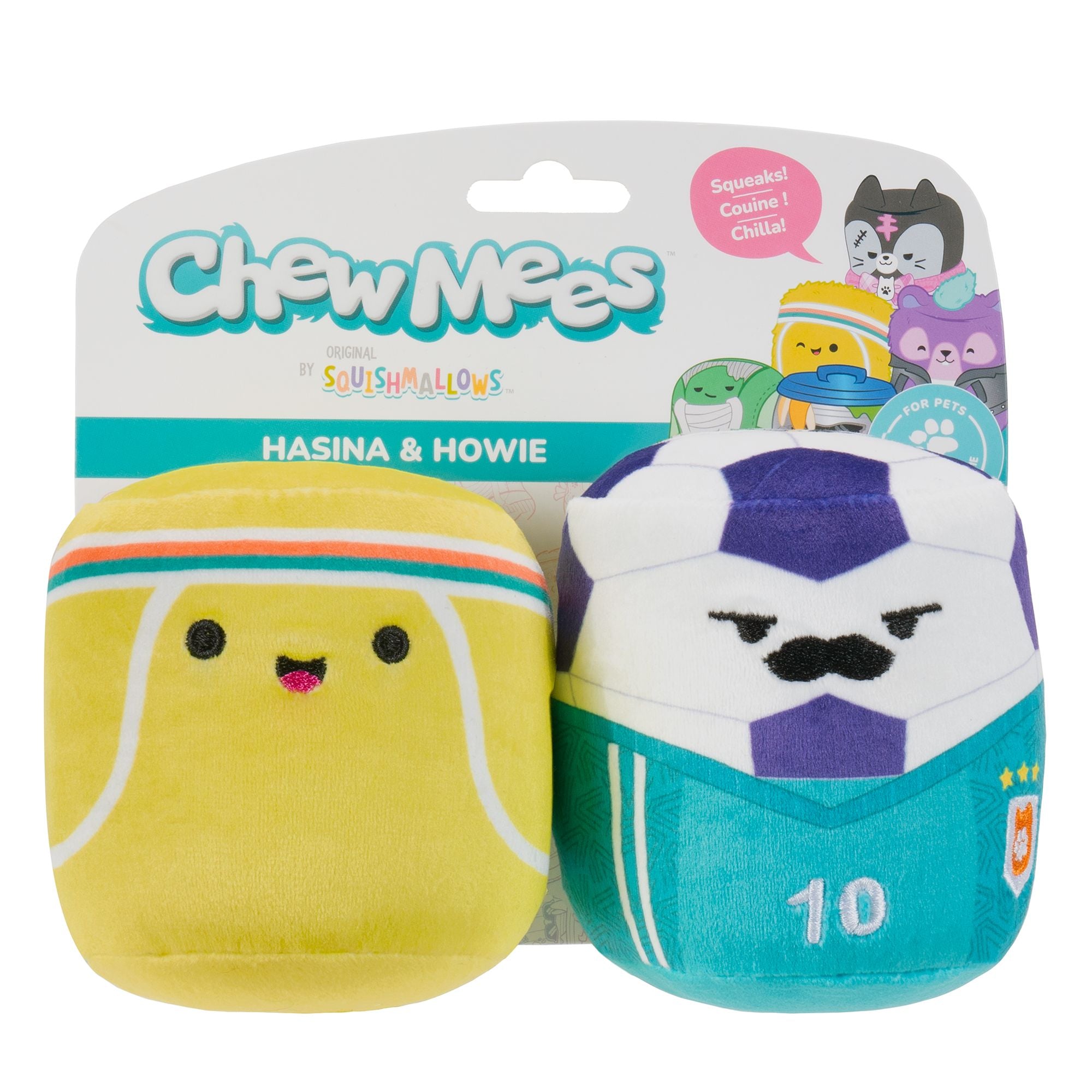 Chew Mees by Original Squishmallows 3.5-Inch Hasina Tennis Ball + Howie Soccer Ball Pet Toy 2-Pack